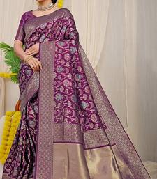 Wine purple banarasi silk blend saree with all-over floral jaal