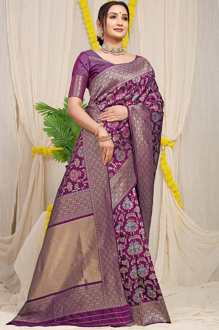 Wine purple banarasi silk blend saree with all-over floral jaal