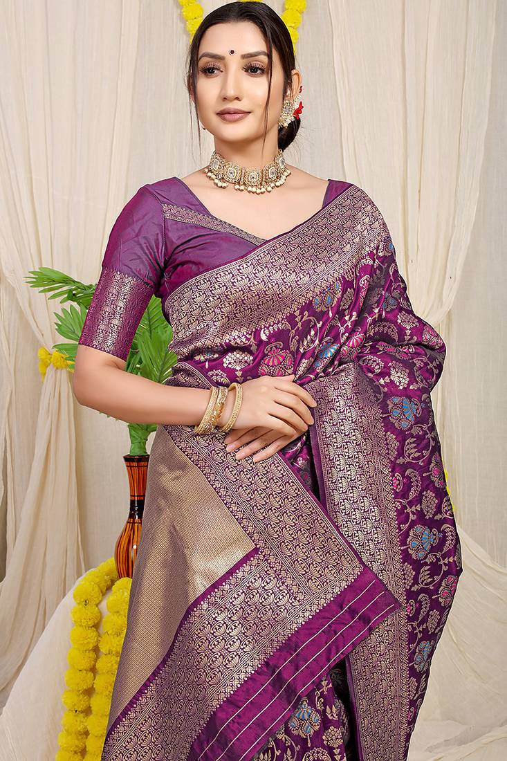 Wine purple banarasi silk blend saree with all-over floral jaal