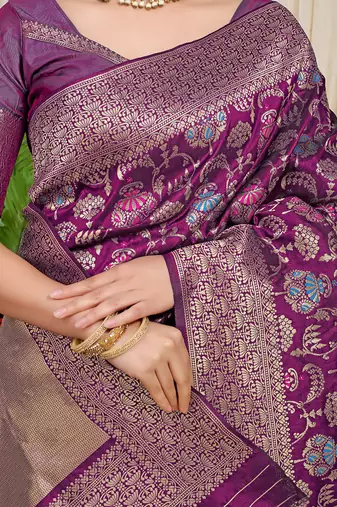 Wine purple banarasi silk blend saree with all-over floral jaal