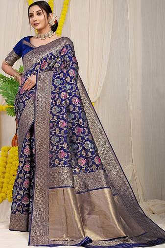 Navy blue banarasi silk blend saree with all-over floral jaal