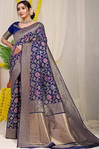 Navy blue banarasi silk blend saree with all-over floral jaal