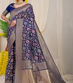 Navy blue banarasi silk blend saree with all-over floral jaal