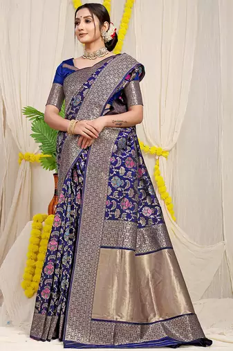 Navy blue banarasi silk blend saree with all-over floral jaal