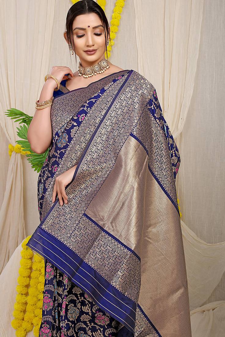 Navy blue banarasi silk blend saree with all-over floral jaal