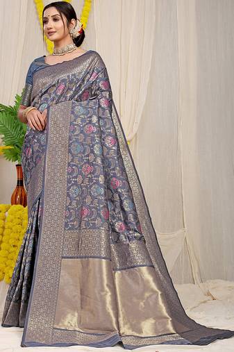 Steel grey banarasi silk blend saree with all-over floral jaal