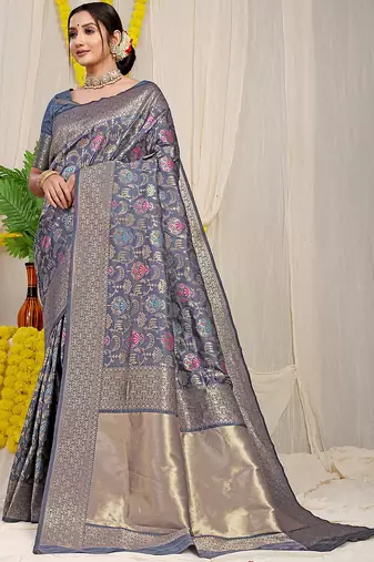 Steel grey banarasi silk blend saree with all-over floral jaal