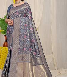 Steel grey banarasi silk blend saree with all-over floral jaal