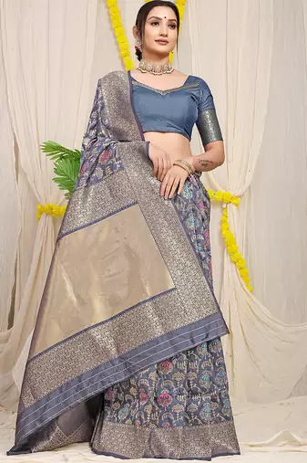 Steel grey banarasi silk blend saree with all-over floral jaal