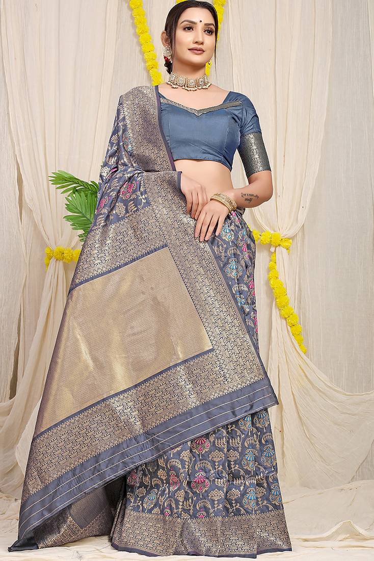 Steel grey banarasi silk blend saree with all-over floral jaal