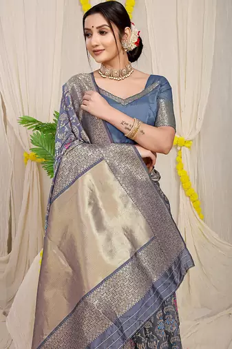 Steel grey banarasi silk blend saree with all-over floral jaal