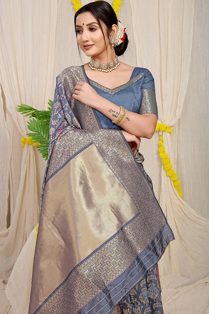 Steel grey banarasi silk blend saree with all-over floral jaal