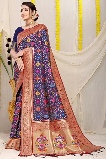 Navy blue patola silk blend zari woven saree with blouse piece