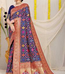 Navy blue patola silk blend zari woven saree with blouse piece
