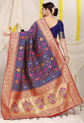 Navy blue patola silk blend zari woven saree with blouse piece 2