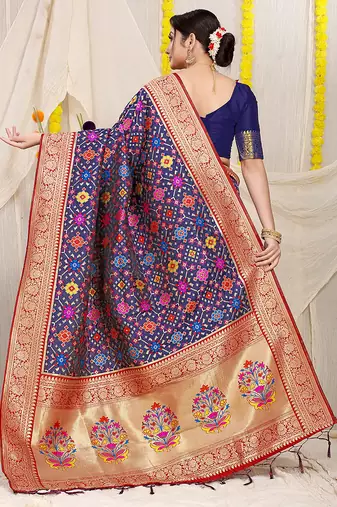 Navy blue patola silk blend zari woven saree with blouse piece