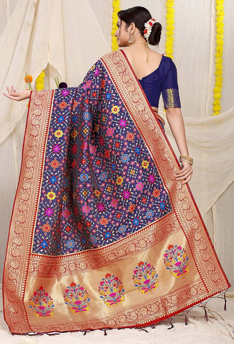 Navy blue patola silk blend zari woven saree with blouse piece