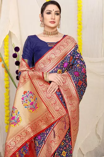 Navy blue patola silk blend zari woven saree with blouse piece