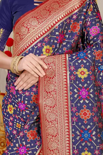 Navy blue patola silk blend zari woven saree with blouse piece
