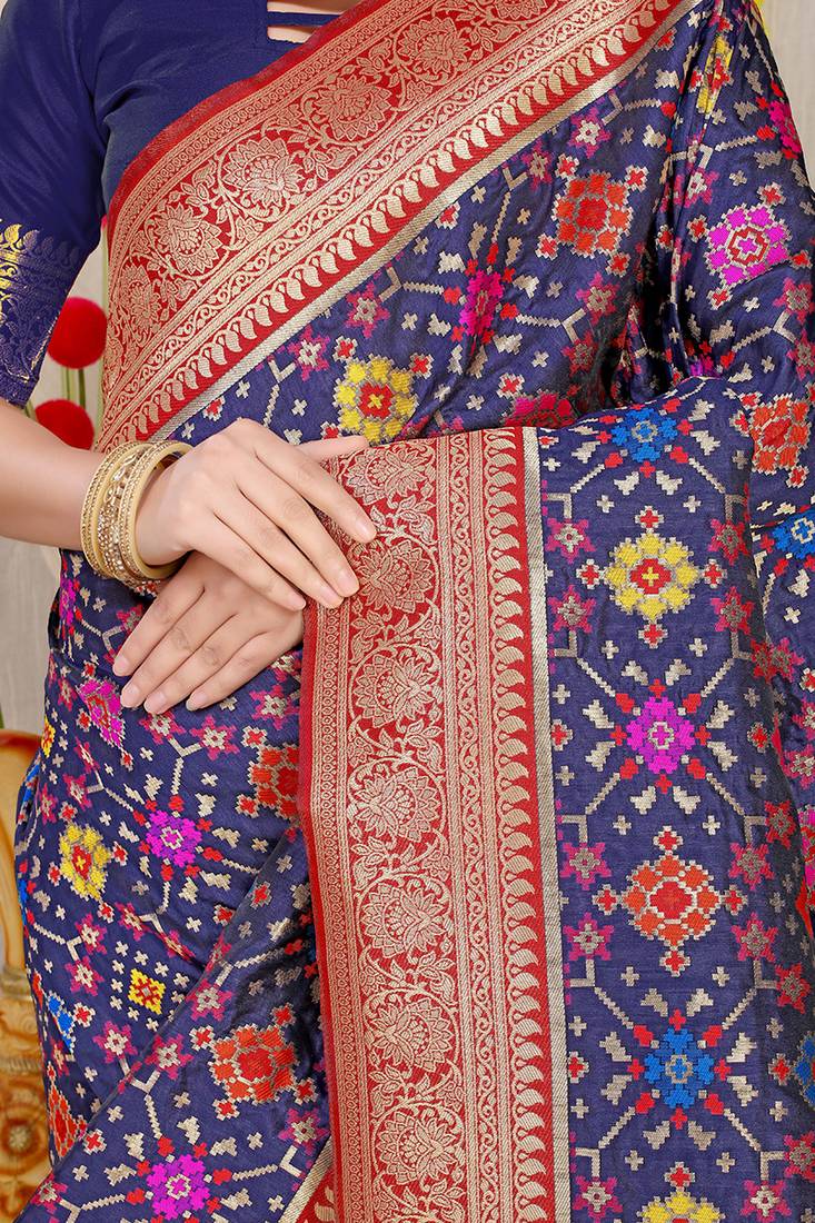 Navy blue patola silk blend zari woven saree with blouse piece