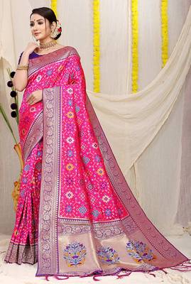 Rani pink patola silk blend zari woven saree with blouse piece 1