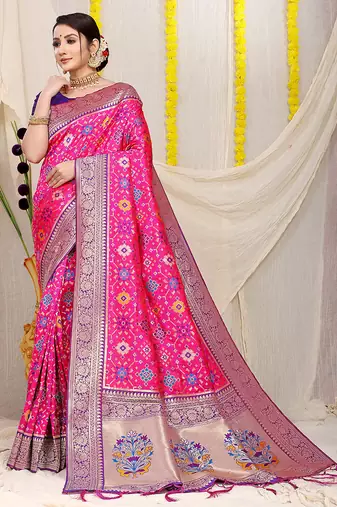 Rani pink patola silk blend zari woven saree with blouse piece