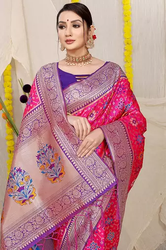 Rani pink patola silk blend zari woven saree with blouse piece