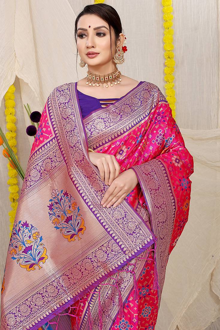 Rani pink patola silk blend zari woven saree with blouse piece