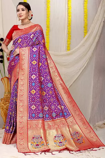Purple patola silk blend zari woven saree with blouse piece