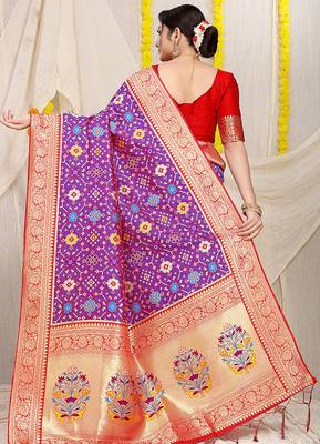 Purple patola silk blend zari woven saree with blouse piece 2