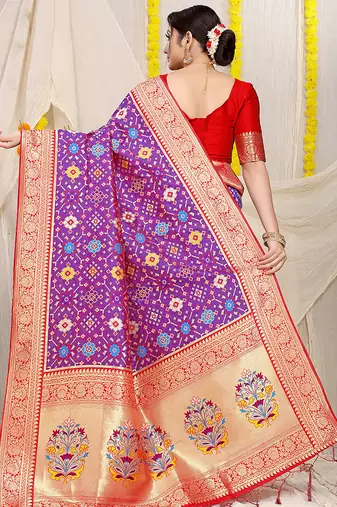 Purple patola silk blend zari woven saree with blouse piece