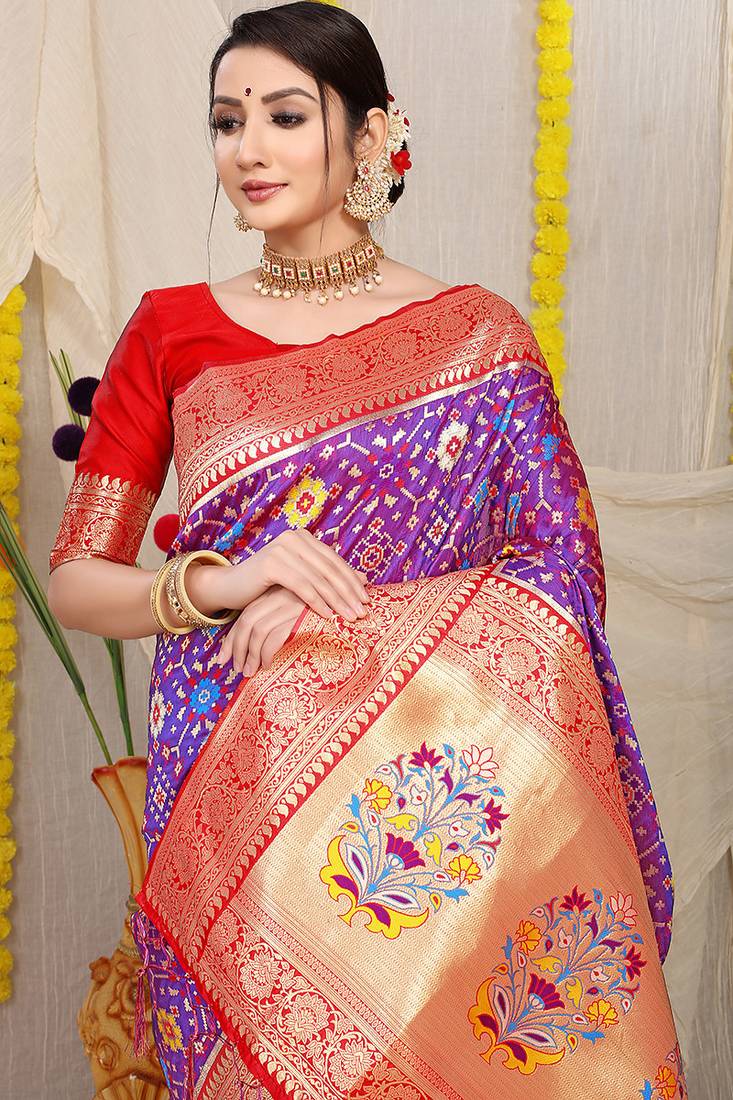 Purple patola silk blend zari woven saree with blouse piece
