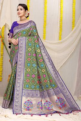 Olive green patola silk blend zari woven saree with blouse piece 1