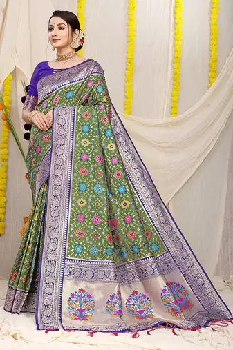 Olive green patola silk blend zari woven saree with blouse piece