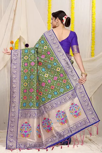 Olive green patola silk blend zari woven saree with blouse piece