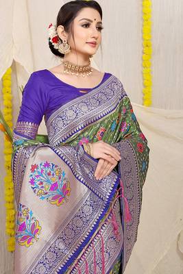 Olive green patola silk blend zari woven saree with blouse piece 3
