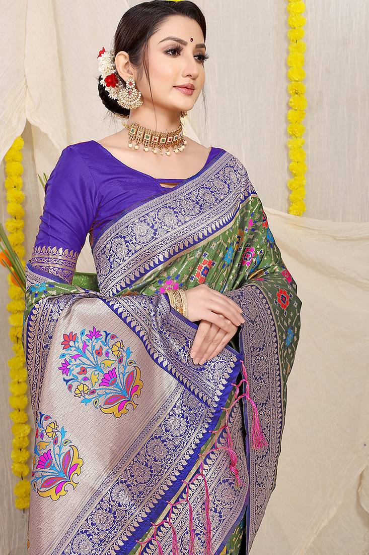 Olive green patola silk blend zari woven saree with blouse piece