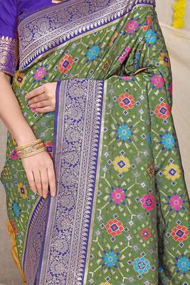 Olive green patola silk blend zari woven saree with blouse piece 4