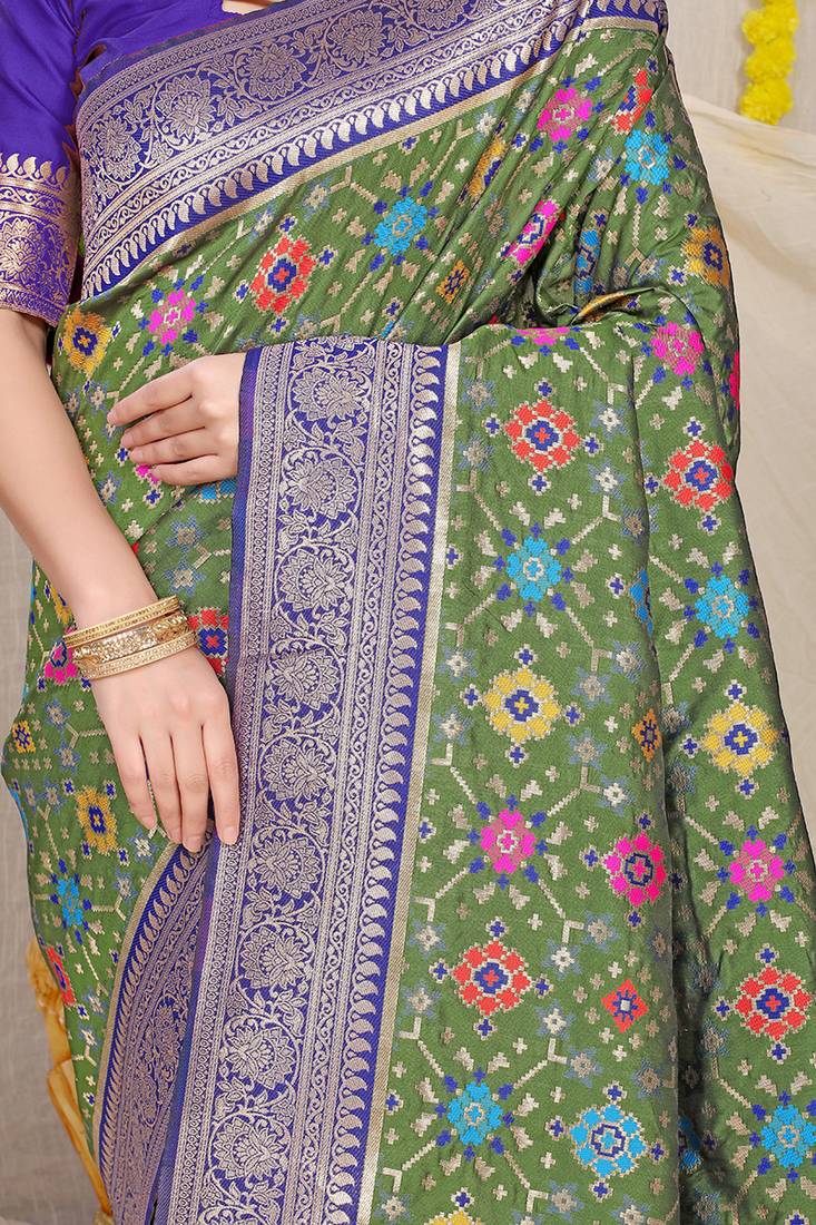 Olive green patola silk blend zari woven saree with blouse piece