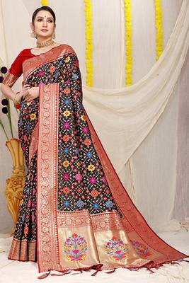Black patola silk blend zari woven saree with blouse piece 1
