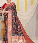 Black patola silk blend zari woven saree with blouse piece
