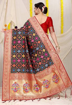 Black patola silk blend zari woven saree with blouse piece 2