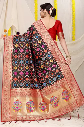 Black patola silk blend zari woven saree with blouse piece