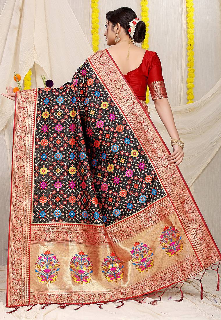 Black patola silk blend zari woven saree with blouse piece