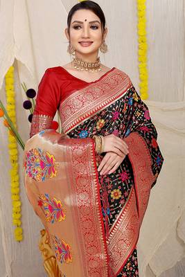 Black patola silk blend zari woven saree with blouse piece 3