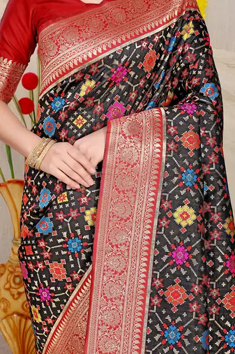 Black patola silk blend zari woven saree with blouse piece