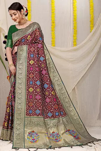 Maroon patola silk blend zari woven saree with blouse piece
