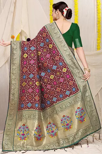 Maroon patola silk blend zari woven saree with blouse piece