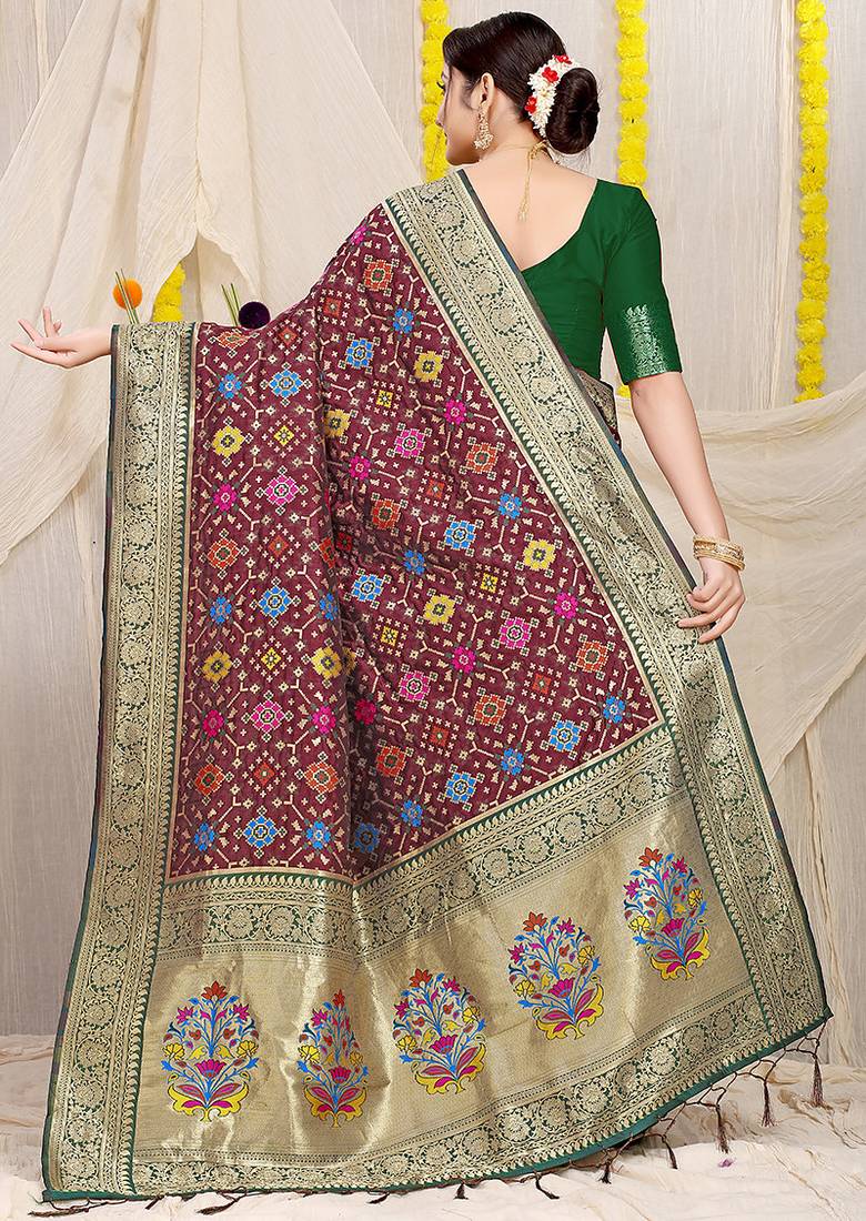 Maroon patola silk blend zari woven saree with blouse piece