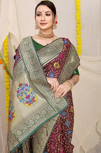 Maroon patola silk blend zari woven saree with blouse piece